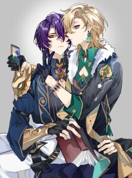 Rule 34 | 2boys, aventurine (honkai: star rail), belt collar, black coat, black gloves, black shirt, blonde hair, blue eyes, book, bracelet, cellphone, cleavage cutout, clothing cutout, coat, collar, collared shirt, diamond-shaped pupils, diamond (shape), dr. ratio (honkai: star rail), dress shirt, earrings, fur scarf, gloves, green shirt, grey background, holding, holding book, holding phone, honkai: star rail, honkai (series), jewelry, male focus, mask on shoulder, multicolored eyes, multiple boys, pectoral cleavage, pectorals, phone, purple eyes, purple hair, rechu2300, red eyes, ringed eyes, scarf, selfie, shirt, short hair, simple background, sitting, sitting on lap, sitting on person, smartphone, symbol-shaped pupils, thigh strap, three-quarter sleeves, two-tone eyes, v, white scarf, yaoi