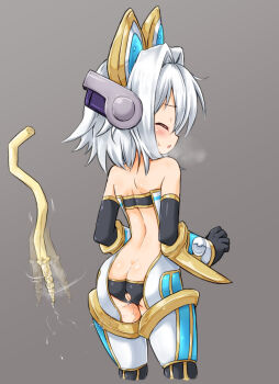 1girl anal_beads anal_fluid anal_tail android animal_ear_headband back_cutout bare_shoulders black_bra black_pants blush bra breath butt_plug closed_eyes clothing_cutout dress elbow_gloves emil_chronicle_online fake_tail from_side gloves green_dress grey_background hand_guard huyusilver loli looking_back pants raised_inner_eyebrows robot_ears shugoma_hazuki strapless strapless_dress sweatdrop tail two-tone_dress underwear white_dress white_hair