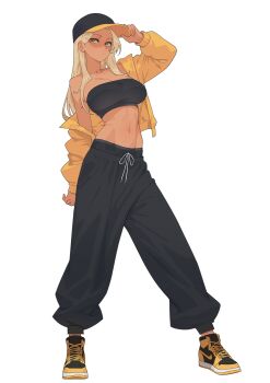 1girl baseball_cap blonde_hair breasts commentary english_commentary full_body hat highres jacket kuso_otoko midriff navel original pants shoes simple_background sneakers solo sweatpants white_background yellow_eyes yellow_jacket