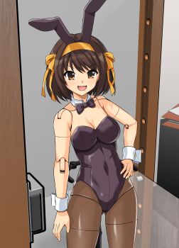 1girl :d absurdres animal_ear_hairband animal_ears black_leotard bow bowtie breasts commentary_request detached_collar doll_joints fake_animal_ears hair_ribbon hairband hand_on_own_hip haruhisky highres joints leotard official_alternate_costume open_mouth orange_hairband pantyhose playboy_bunny rabbit_ear_hairband rabbit_ears ribbon smile solo strapless strapless_leotard suzumiya_haruhi suzumiya_haruhi_no_yuuutsu tongue white_wrist_cuffs wrist_cuffs