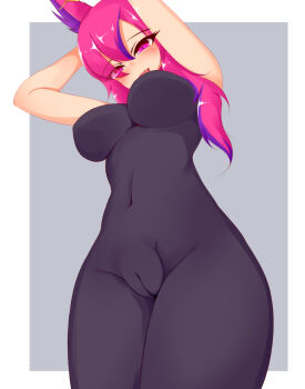 1girl animal_ears armpits ayatori_(aytr) black_bodysuit bodysuit border breasts cameltoe covered_navel cowboy_shot eyelashes fang female_focus grey_background highres large_breasts league_of_legends long_hair looking_at_viewer looking_down low_ponytail matching_hair/eyes multicolored_hair naughty_face open_mouth pink_eyes pink_hair ponytail purple_hair side_ponytail simple_background sleeveless sleeveless_bodysuit smile solo standing star_guardian_(league_of_legends) star_guardian_xayah streaked_hair two-tone_hair variant_set vastaya white_border wide_hips xayah