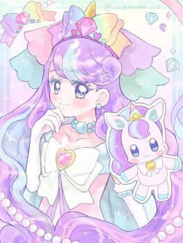 aqua_background blue_eyes blue_hair bow brooch closed_mouth collarbone colored_inner_hair diamond_(gemstone) dress earrings eyelashes flat_chest gloves gradient_background gradient_bow hair_bow hand_up heart heart_brooch highres jewelry long_hair looking_at_viewer multicolored_bow multicolored_hair nico-sama pearl_choker pearl_earrings pink_dress precure purple_background purple_hair signature sleeveless sleeveless_dress three-quarter_sleeves smile standing streaked_hair ten_(uzk_mooon) twitter_username two-tone_hair unicorn_girl upper_body very_long_hair wavy_hair white_bow white_gloves wonderful_precure!