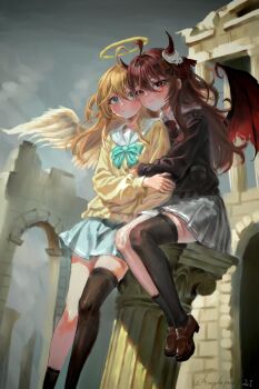 Rule 34 | 2girls, angel, aqua bow, aqua bowtie, aqua sailor collar, asymmetrical legwear, black cardigan, black horns, black socks, black thighhighs, blue eyes, blue skirt, bow, bowtie, broken heart, broken heart hair ornament, brown shoes, cardigan, commentary, commission, demon horns, demon wings, english commentary, evil neuro-sama, from side, grey skirt, hair between eyes, hair ornament, heart, highres, horns, loafers, long hair, long sleeves, looking at viewer, miniskirt, multiple girls, neuro-sama, outdoors, red bow, red bowtie, red eyes, red wings, sailor collar, shirt, shoes, siblings, single sock, single thighhigh, sisters, sitting, skirt, skull hair ornament, socks, thighhighs, twins, two side up, uneven legwear, vedal ai, virtual youtuber, white shirt, wings, yellow cardigan, yngxx1895996