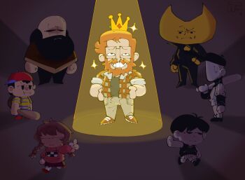 1girl 6+boys crown glasses highres hylics light lisa_(series) lisa_the_joyful mother_(series) multiple_boys ness_(mother_2) nintendo off_(game) omori omori_(omori) smile the_batter_(off) yiik:_a_postmodern_rpg yume_nikki