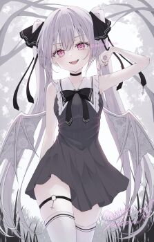Rule 34 | 1girl, absurdres, arm up, bat wings, black bow, black bowtie, black choker, black dress, blush, bow, bowtie, breasts, choker, dress, fangs, grey hair, highres, long hair, looking at viewer, murur (matsumikoru), nail polish, open mouth, original, outdoors, red eyes, red nails, sleeveless, sleeveless dress, small breasts, smile, solo, symbol-shaped pupils, thigh strap, thighhighs, twintails, vampire, white thighhighs, wings