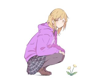 1girl bang_dream! black_pantyhose blue_skirt braid brown_eyes brown_hair brown_shoes commentary dandelion flower hair_ornament highres hood hood_down hoodie ichigaya_arisa kanade_(kanade_3344) long_hair long_sleeves pantyhose plaid_clothes plaid_skirt purple_hoodie shoes sidelocks single_braid skirt solo squatting twintails white_background x_hair_ornament