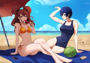 2girls arm_support arm_up armpits barefoot beach beach_umbrella bikini blue_one-piece_swimsuit blue_sky blurry blurry_background breasts brown_eyes brown_hair cellphone cleavage collarbone crossed_legs day eightyfourart eyelashes food foot_out_of_frame fruit full_body grey_eyes hand_up highres holding impossible_clothes impossible_swimsuit kujikawa_rise kuma_(persona_4) large_breasts legs long_hair looking_at_viewer medium_breasts multiple_girls nail_polish navel one-piece_swimsuit orange_bikini orange_nails outdoors persona persona_4 phone popsicle shadow shirogane_naoto short_hair side-tie_bikini_bottom signature sitting sky smartphone swimsuit thighs toenail_polish toenails toes twintails umbrella watermelon