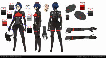 1girl android artist_name black_hat blue_hair color_guide commentary elster_(signalis) english_commentary expressionless full_body hat highres kkkkago metal_skin multiple_views reference_sheet second-party_source short_hair signalis simple_background skin_seams solo_focus standing white_background