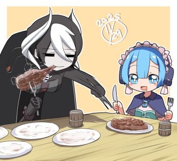 1boy 1girl :d black_coat black_eyes black_gloves black_hair blue_eyes blue_hair carving_fork coat commentary_request cup dated double-parted_bangs eating empty_eyes food fork gloves good_meat_day hair_between_eyes holding holding_fork holding_knife knife lets0020 made_in_abyss maid_headdress maruruk meat mug multicolored_hair open_mouth ozen plate short_hair smile trap two-tone_background two-tone_hair upper_body whistle white_hair yellow_background
