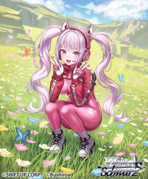1girl alice_(nikke) anbe_yoshirou animal_ear_headphones animal_ears blue_sky blush bodysuit breasts commentary_request cropped_jacket double_v fake_animal_ears field flower flower_field gloves goddess_of_victory:_nikke grass headphones headset impossible_bodysuit impossible_clothes jacket large_breasts latex latex_bodysuit long_hair long_sleeves looking_at_viewer multicolored_gloves official_art open_mouth outdoors pink_bodysuit pink_eyes pink_gloves pink_hair red_jacket shoes skin_tight sky smile socks solo squatting twintails two-tone_gloves v weiss_schwarz white_shoes white_socks