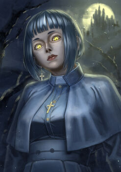 1girl absurdres castle commentary cross cross_earrings cross_necklace earrings highres jewelry kai_hadaly necklace original short_hair solo tree yellow_eyes