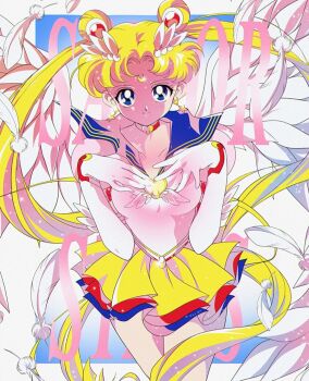 1990s_(style) 1girl absurdly_long_hair angel_wings anime_coloring bishoujo_senshi_sailor_moon bishoujo_senshi_sailor_moon_stars blonde_hair blue_background blue_eyes blue_sailor_collar border brooch choker closed_mouth collarbone copyright_name cowboy_shot crescent crescent_earrings crescent_facial_mark double_bun earrings elbow_gloves eternal_sailor_moon eyelashes facial_mark faux_retro_artstyle feathered_wings feathers floating_clothes floating_earrings floating_hair forehead_mark gloves glowing hair_bun hair_ornament heart heart_brooch heart_choker highres honeymoonpetal jewelry leotard light_particles long_hair miniskirt official_style outside_border parted_bangs pleated_skirt puffy_short_sleeves puffy_sleeves red_choker retro_artstyle sailor_collar sailor_moon short_sleeves skirt sleeved_leotard smile solo spread_wings standing star_(symbol) star_earrings tareme thighs tsukino_usagi very_long_hair white_border white_gloves white_leotard white_wings wings yellow_skirt