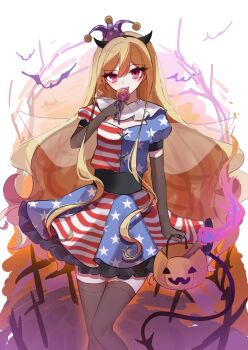 Rule 34 | 1girl, absurdres, adapted costume, american flag, american flag print, american flag shirt, american flag skirt, bat (animal), black gloves, black hairband, black shirt, black thighhighs, blonde hair, breasts, candy, clownpiece, commentary request, cowboy shot, demon horns, elbow gloves, fake horns, flag print, food, frilled skirt, frills, gloves, hairband, halloween, halloween bucket, hand up, hat, highres, horn hairband, horns, jester cap, licking, licking foot, lollipop, long hair, looking at viewer, miniskirt, print shirt, print skirt, puffy short sleeves, puffy sleeves, purple hat, red eyes, red skirt, shion 343, shirt, short sleeves, signature, skirt, small breasts, smile, solo, standing, swirl lollipop, thighhighs, torch, touhou, two-tone hat, watermark, white hat, white shirt, zettai ryouiki