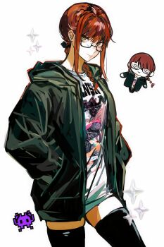 1girl absurdres black_thighhighs braid braided_ponytail chainsaw_devil chainsaw_man character_print chibi chibi_inset green_hoodie hair_over_shoulder hands_in_pockets highres hood hoodie looking_at_viewer makima_(chainsaw_man) medium_hair mkmwyydlp ringed_eyes semi-rimless_eyewear sidelocks simple_background smile solo space_invaders thighhighs white_background yellow_eyes