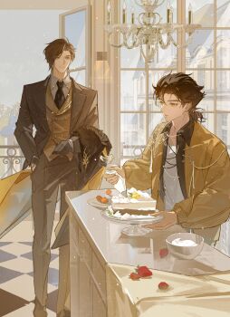 2boys absurdres ash_echoes black_gloves black_hair black_jacket black_necktie black_pants black_shoes bowl brown_jacket brown_vest building buttons cake chandelier checkered_floor chinese_commentary closed_mouth collared_shirt commentary_request double-breasted food fruit gloves grey_shirt highres holding holding_pastry_bag indoors jacket lapels light_particles lionel_(ash_echoes) long_sleeves luke_(ash_echoes) male_focus multiple_boys necktie notched_lapels open_clothes open_door open_jacket pants parted_lips pastry_bag ponytail shirt shoes short_hair short_ponytail strawberry vest white_shirt window yellow_eyes yintian_geyao