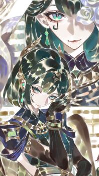 1girl 2girls absurdres black_gloves black_hair bracelet chinese_commentary closed_mouth commentary_request earrings elbow_gloves fingerless_gloves flower genshin_impact gloves green_eyes green_hair hair_ornament highres holding jewelry long_hair looking_at_viewer mole mole_under_eye multiple_girls nefer_(genshin_impact) short_hair smile white_flower zhituan_er