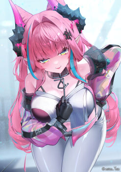 1girl aqua_hair arknights arknights:_endfield black_gloves breasts commentary_request cone_hair_bun detached_sleeves gloves hair_bun hair_intakes hair_on_horn highres large_breasts leaning_forward long_hair looking_at_viewer multicolored_eyes multicolored_hair pants pointy_ears purple_eyes solo twitter_username two-tone_eyes two-tone_hair very_long_hair white_pants yeosi yvonne_(arknights)