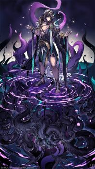 1boy absurdres armor black_hair black_nails black_sleeves blue_eyes bracelet commentary english_commentary headpiece highres jewelry leg_wrap long_sleeves monster original pauldrons ripples sa-dui short_hair shoulder_armor single_sleeve solo tentacles toga water wide_sleeves