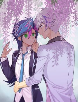 1boy 1girl black_jacket black_skirt blue_eyes blue_hair blue_necktie cherry_blossoms colored_bangs confession confused couple dappled_sunlight dating colored_bangs facing_another facing_away facing_to_the_side finger_to_another's_cheek flower fujiki_yusaku genderswap genderswap_(mtf) green_eyes hand_on_another's_cheek hand_on_another's_face hand_on_another's_waist hand_up hetero jacket kogami_ryoken leaf long_hair looking_at_another multicolored_hair necktie open_clothes open_jacket outdoors pants pink_shirt pleated_skirt purple_flower sakimiya297 school_uniform shirt skirt sleeves_rolled_up smile spiked_hair streaked_hair sunlight tree under_tree untucked_shirt white_hair white_jacket white_pants yu-gi-oh! yu-gi-oh!_vrains