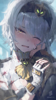 1boy 1girl absurdres anby_demara anby_demara_(silver_soldier) artist_logo black_hairband blood blood_on_clothes blood_on_face blush crying crying_with_eyes_open fingerless_gloves gloves grey_hair hairband hand_on_another's_cheek hand_on_another's_face highres holding_another's_wrist logo one_eye_closed open_mouth pov pov_hands rain short_hair shrug_(clothing) solo_focus sushispin tears upper_body wet white_gloves white_shrug wise_(zenless_zone_zero) zenless_zone_zero