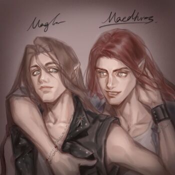 2boys allossesnow arm_around_shoulder bare_arms bare_shoulders brothers chain character_name closed_mouth collarbone contemporary elf highres leather leather_vest looking_at_another maedhros maglor male_focus multiple_boys parted_bangs parted_lips pointy_ears red_hair siblings source_request teeth the_silmarillion tolkien's_legendarium upper_body vest