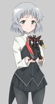 1girl absurdres black_pantyhose black_shirt black_skirt blouse closed_mouth commentary cowboy_shot green_eyes grey_hair gundam gundam_seed highres long_sleeves looking_at_viewer military_uniform miniskirt model pantyhose pleated_skirt sanya_v._litvyak shirt short_hair skirt smile solo standing strike_witches tricky_46 two-tone_shirt white_shirt world_witches_series