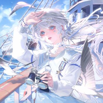 Rule 34 | 1girl, arm up, binoculars, bird, blue eyes, blue sky, boat, camera, choker, cloud, day, facial mark, floating hair, hair ornament, highres, holding, holding camera, jewelry, large variant set, long hair, long sleeves, looking at viewer, ocean, original, outdoors, parted lips, ribbon, sailor collar, seagull, ship, shirt, sky, solo, star (symbol), star hair ornament, star symbol, tai01, upper body, variant set, watercraft, white hair, white shirt
