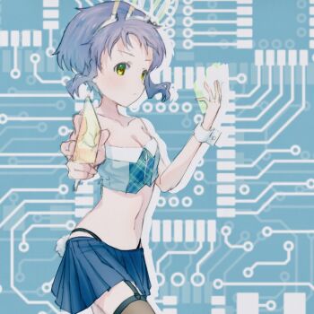 Rule 34 | 1girl, bare shoulders, black panties, black thighhighs, blue background, blue shirt, blue skirt, breasts, card, circuit board, cleavage, collarbone, commentary request, cowboy shot, crop top, garter straps, highleg, highleg panties, holding, holding card, idolmaster, idolmaster million live!, idolmaster million live! theater days, legs, makabe mizuki, miniskirt, navel, panties, pasta million39, pleated skirt, purple hair, rabbit ears antenna, serious, shirt, short hair, sidelocks, skirt, small breasts, solo, standing, stomach, thighhighs, thighs, thong, underwear, yellow eyes