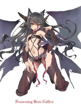 1girl animal_ear_fluff animal_ears arm_guards armpits black_boots black_bra black_hair black_panties black_thighhighs black_wings boots bra breasts cat_ears cat_girl character_name claws demon_wings flat_chest full_body hair_between_eyes henshin horns isekai_maou_to_shoukan_shoujo_no_dorei_majutsu kneeing licking_own_claws long_claws long_hair looking_at_viewer low_wings multiple_wings navel official_art open_hand open_mouth panties red_claws rem_galeu revealing_clothes simple_background solo thighhighs third-party_source tongue tongue_out tsurime tsurusaki_takahiro underwear very_long_claws very_long_hair white_background wings yellow_eyes