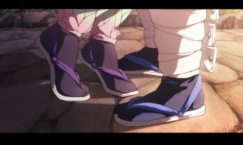 Rule 34 | 1boy, 1girl, backlighting, black socks, blue sandals, commentary request, couple, day, feet, foot focus, hetero, highres, implied kiss, kimetsu no yaiba, kochou shinobu, lower body, ninmari, outdoors, purple sandals, sandals, shadow, socks, standing, tabi, tiptoes, tomioka giyuu