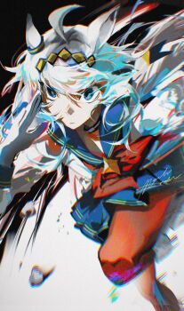 1girl ahoge animal_ears blue_eyes blue_sailor_collar blue_skirt boots brooch closed_mouth ear_ornament grey_hair grey_tail hair_between_eyes hairband highres horse_ears horse_girl horse_tail jacket jewelry knee_up long_hair long_sleeves machi_mile00 multicolored_hair neckerchief oguri_cap_(starlight_beat)_(umamusume) oguri_cap_(umamusume) pantyhose red_neckerchief red_pantyhose running sailor_collar shirt skirt solo star_brooch tail umamusume white_boots white_jacket white_shirt