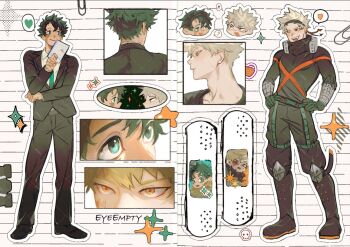 ! !! 2boys ? aged_up artist_name bakugou_katsuki black_jacket black_pants blonde_hair boku_no_hero_academia chibi chibi_inset collared_shirt commentary dress_pants english_commentary eye_contact eye_mask eyeempty full_body green_eyes green_necktie hand_on_own_elbow hands_on_own_hips heart holding holding_notebook jacket looking_at_another male_focus mask mask_on_head midoriya_izuku multiple_boys multiple_views nape necktie notebook orange_eyes outline pants paperclip shirt short_hair sparkle spiked_hair spoken_exclamation_mark spoken_heart spoken_question_mark suit_jacket superhero_costume white_outline white_shirt