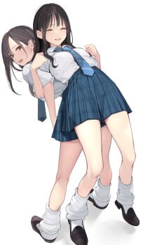 2girls ama_mitsuki assisted_stretching back-to-back behind_another black_hair blue_necktie blue_skirt blush brown_eyes brown_footwear brown_hair closed_eyes collared_shirt diagonal-striped_clothes diagonal-striped_necktie exercising full_body highres kneepits lifting_person loafers locked_arms long_hair long_sleeves looking_back loose_socks multiple_girls necktie open_mouth original plaid_clothes plaid_skirt pleated_skirt school_uniform shirt shoes skirt sleeves_rolled_up smile socks stretching striped_clothes striped_necktie white_shirt white_socks