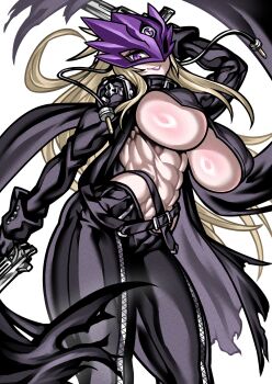 1girl abs absurdres beelstarmon belt biceps black_coat black_gloves black_mask black_pants blonde_hair blue_mask breasts coat cropped_vest derringer digimon digimon_(creature) eye_mask gloves gun handgun highres holding holding_weapon jacket large_breasts leather leather_jacket leather_pants long_hair mask multiple-barrel_gun muscular muscular_female navel obliques pants simple_background solo third_eye tight_clothes tight_pants toned underboob vest weapon yotaro