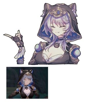 1girl animal_ears braid breasts cat_ears cat_girl cipher_(honkai:_star_rail) cleavage closed_eyes closed_mouth fang fingerless_gloves gloves grey_hair highres honkai:_star_rail honkai_(series) hood hoodie medium_breasts screencap short_hair solo toriniku_(tori_paku2) upper_body