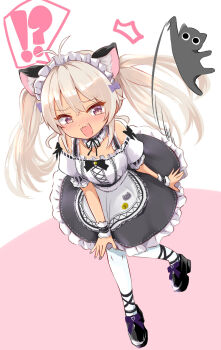 Rule 34 | !, !?, 1girl, ?, animal ears, apron, black dress, black shoes, blush, cat, cat ears, commentary request, dress, fake animal ears, grey hair, highres, looking at viewer, maid, maid apron, maid headdress, matsukai mao, matsukai mao (2nd costume), nijisanji, official alternate costume, open mouth, pantyhose, purple eyes, shoes, smile, solo, spoken exclamation mark, spoken question mark, two side up, virtual youtuber, white headdress, white pantyhose, white wrist cuffs, wrist cuffs, yotuba mokoh (benzenex)