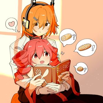 a.i._voice adachi_rei baguette book bread coat cookbook detached_sleeves drill_hair food gloves heart hug kasane_teto orange_eyes orange_hair red_eyes red_hair side_ponytail spoken_heart twin_drills utau white_coat white_gloves yi_xing_luren yuri