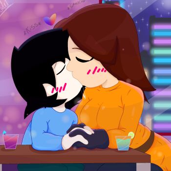 angelonce black_hair blue_shirt blush brown_hair city city_lights commentary couple drooling english_commentary flat_color gloves highres holding_hands husband_and_wife kiss mii_(nintendo) mii_gunner mii_gunner_(smash_4) mouth_drool n-sfwed night nintendo orange_shirt restaurant saliva shirt super_smash_bros. table