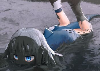 1girl absurdres blue_eyes blue_hoodie female_focus fins fish_tail gawr_gura hair_ornament highres hololive hololive_english hood hoodie inoue_kuto lying messy mud on_stomach outdoors shark_girl shark_tail sharp_teeth socks solo tail teeth two_side_up virtual_youtuber white_footwear
