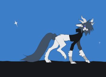 animal animal_focus animated animated_gif black_hoodie blue_eyes blue_hair blue_tail clothed_animal from_side hood hoodie horns kamikiririp looping_animation lowres no_humans original solo walking white_fur white_horns