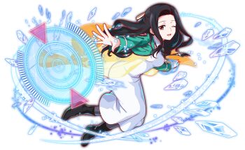 Rule 34 | anime coloring, ankle boots, artist request, black boots, black hair, black necktie, black trim, boots, breasts, collar, collared dress, collared jacket, crash fever, cropped jacket, dress, eyelashes, first high school uniform, floral print jacket, floral print sleeves, full body, game cg, green collar, green jacket, green sleeves, grey pantyhose, hair intakes, hair ribbon, head tilt, horizontal-striped collar, horizontal-striped jacket, horizontal-striped sleeves, ice, jacket, long dress, long hair, long sleeves, looking at viewer, mahouka koukou no rettousei, medium breasts, necktie, official art, official style, one eye closed, open mouth, outline, outstretched arms, pantyhose, parted bangs, red eyes, red outline, ribbon, saegusa mayumi, school uniform, see-through clothes, see-through veil, single horizontal stripe, single vertical stripe, smile, solo, spread arms, striped clothes, striped collar, striped jacket, striped ribbon, striped sleeves, tachi-e, third-party source, tongue, transparent background, veil, vertical-striped sleeves, weapon, white collar, white ribbon, yellow veil