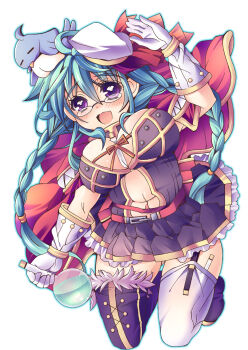 1girl animal animal_on_head bird bird_on_head black_thighhighs blue_hair blush braid brown_dress choko_(kandatake) commentary_request creator_(ragnarok_online) dress filir_(ragnarok_online) flask full_body glasses gloves hand_up hat highres holding holding_flask jumping long_hair looking_at_viewer mismatched_thighhighs navel on_head open_mouth plunging_neckline potion purple_eyes ragnarok_online short_dress simple_background smile solo strapless strapless_dress thighhighs twin_braids white_background white_gloves white_hat white_thighhighs