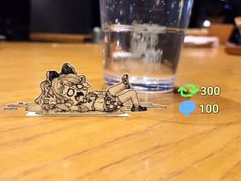 Rule 34 | 1girl, bandages, bow, commentary, crop top, english commentary, frown, glass, hair bow, hair ornament, hairclip, highres, hololive, hololive indonesia, jqhnharqld, kureiji ollie, like and retweet, midriff, o o, open mouth, paper child, papercraft (medium), photo (medium), shorts, solo, stitched face, stitches, unconventional media, virtual youtuber, water, wet, zombie