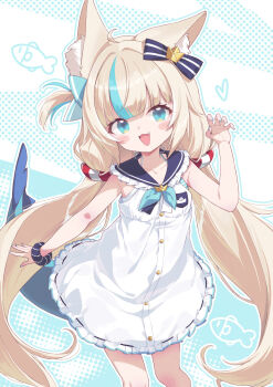 1girl 40hara :3 abstract_background animal_ear_fluff animal_ears aqua_eyes aqua_outline aqua_streaks arm_at_side blonde_hair blue_bow blue_sailor_collar blue_scrunchie blush_stickers bow cat_ears claw_pose commentary_request dress feet_out_of_frame fins fish_tail hair_bow hand_up highres indie_virtual_youtuber long_hair looking_at_viewer low_twintails multicolored_hair one_side_up open_mouth outline sailor_collar sailor_dress sameko_saba scrunchie shark_girl shark_tail short_dress sleeveless sleeveless_dress smile solo standing streaked_hair striped_bow striped_clothes striped_scrunchie tail twintails two-tone_background virtual_youtuber white_dress white_outline wrist_scrunchie