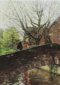 1girl absurdres arch_bridge bare_tree brick_wall bridge building commentary_request day highres house naohiro_ito original painting_(medium) photorealistic realistic river riverbank scenery solo traditional_media tree water