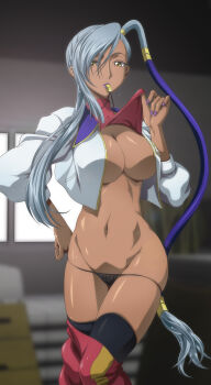 1girl bike_shorts black_panties black_thighhighs breasts cleavage code_geass dark-skinned_female dark_skin grey_hair highres kaname_aomame large_breasts lingerie long_hair looking_at_viewer makeup mouth_hold nail_polish navel no_bra panties ponytail purple_lips purple_nails shiny_skin side_ponytail solo standing thighhighs turtleneck underwear undressing very_long_hair villetta_nu whistle yellow_eyes