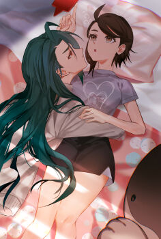 00kashian00 2girls androgynous black_shorts breasts brown_eyes brown_hair clodsire commentary_request gen_4_pokemon green_hair hair_down highres juliana_(pokemon) long_hair lying medium_breasts multiple_girls nintendo on_back pillow pointing pokemon pokemon_(creature) pokemon_sv red_eyes rika_(pokemon) rotom rotom_phone short_shorts shorts yuri