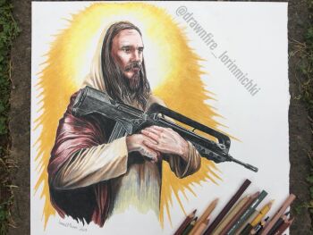 1boy art_tools_in_frame assault_rifle beard black_eyes brown_facial_hair brown_hair brown_robe bullpup closed_mouth colored_pencil colored_pencil_(medium) commentary cosplay cropped_torso dated english_commentary facial_hair famas forgotten_weapons gun handle holding holding_gun holding_weapon ian_mccollum instagram_username jesus jesus_(cosplay) long_hair long_sleeves looking_ahead lorin_michki male_focus mature_male multicolored_background mustache nose orange_background paper path pencil photo_(medium) real_life realistic red_sash rifle road robe sash signature solo the_bible traditional_media upper_body veil watermark weapon white_background yellow_background