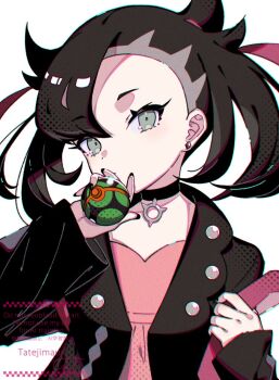 1girl asymmetrical_bangs black_hair black_jacket commentary_request dusk_ball eyelashes grey_eyes jacket looking_at_viewer marnie_(pokemon) nintendo poke_ball pokemon pokemon_swsh simple_background solo tatejima_uri twintails undercut upper_body watermark white_background