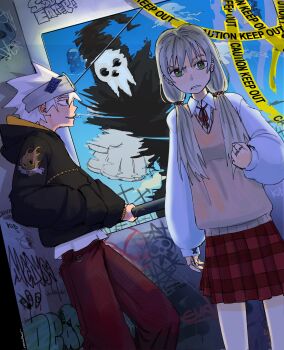 1girl 2boys blonde_hair blush collared_shirt commentary green_eyes hand_in_pocket headband highres hood hoodie jewelry looking_at_viewer maka_albarn multiple_boys oestart red_skirt ring shinigami-sama shirt short_hair skirt soul_eater soul_evans sweater_vest symbol-only_commentary twintails white_hair